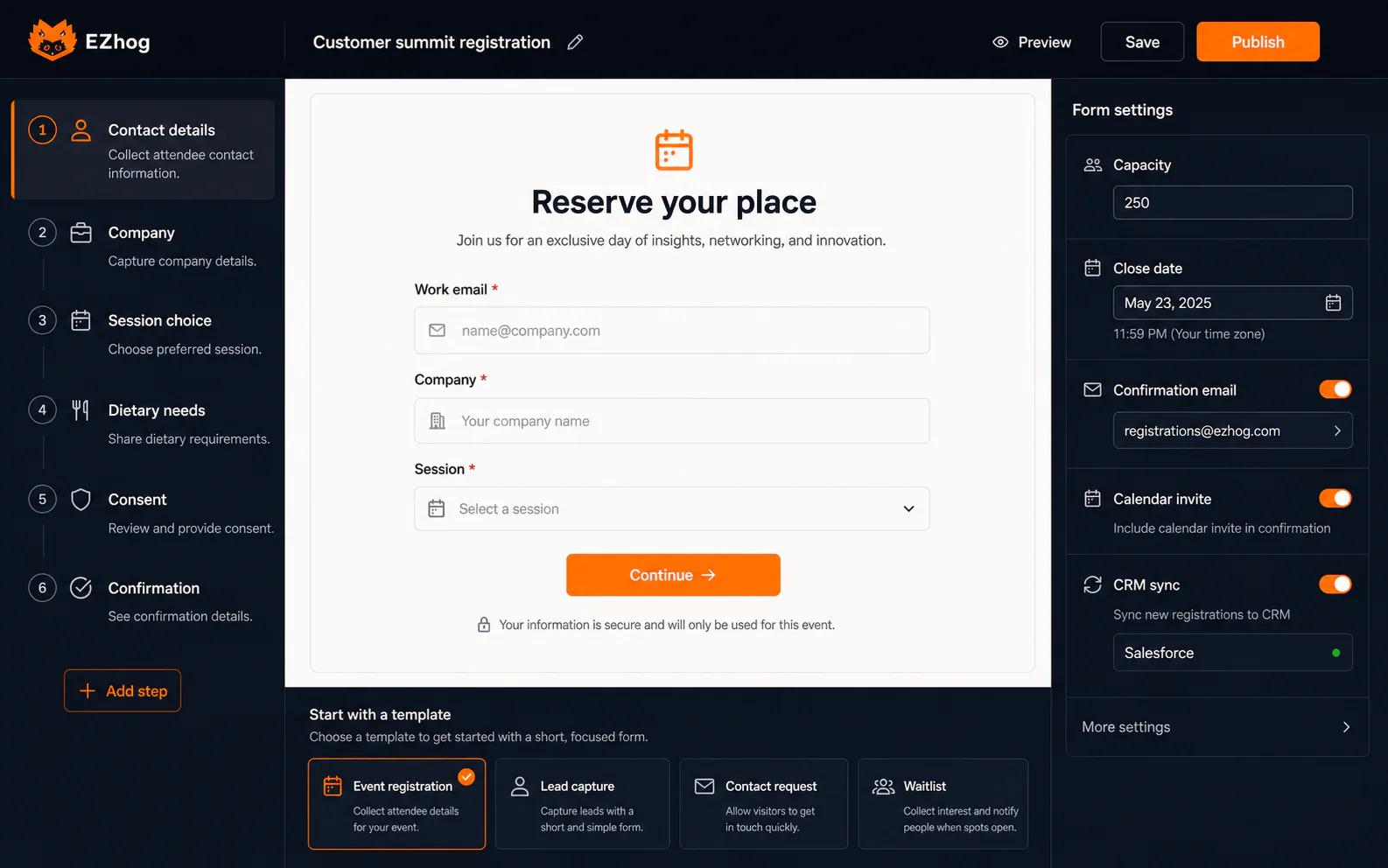 EZhog customer event registration form builder