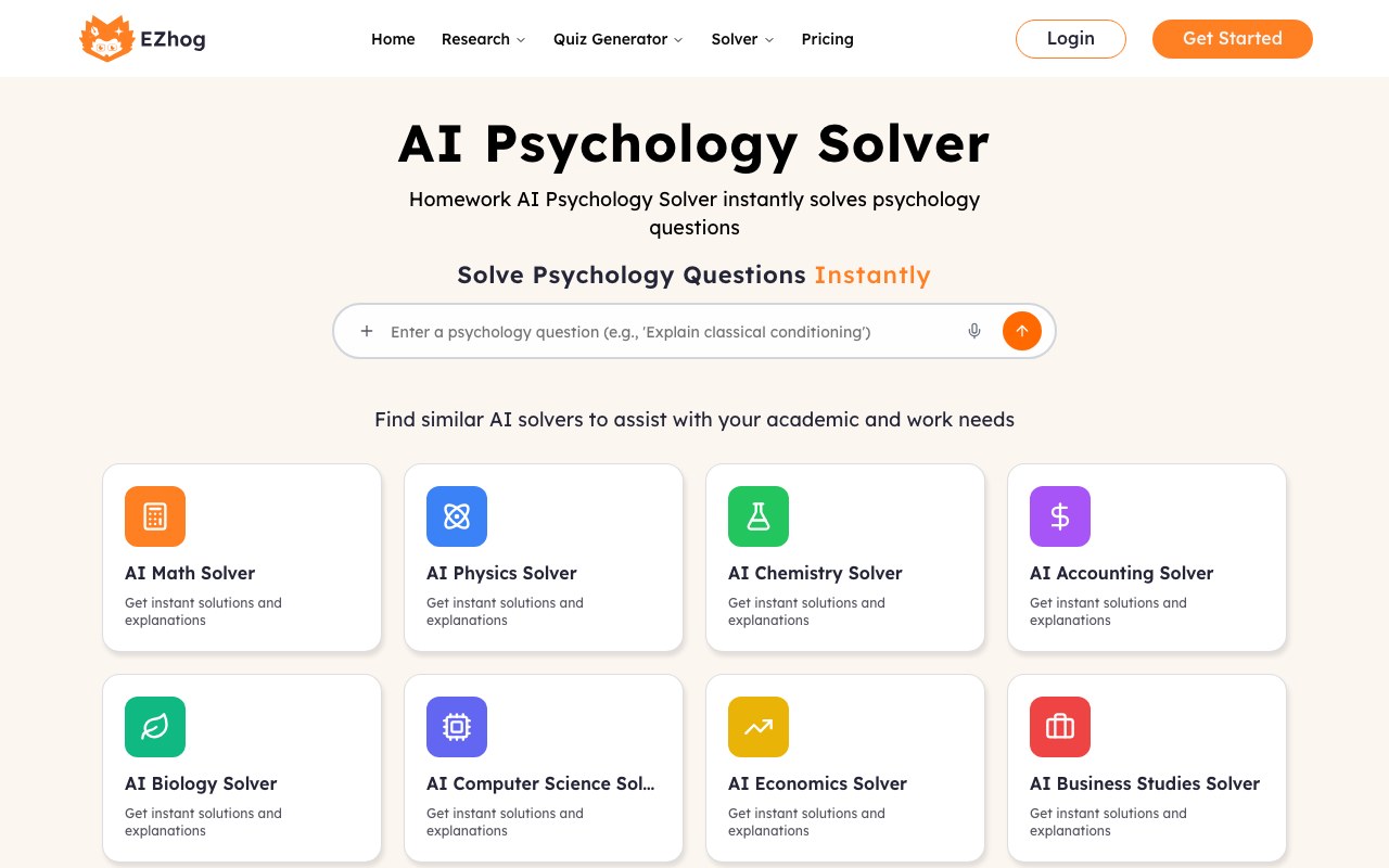 AI Psychology Solver interface showing a question and step-by-step answer